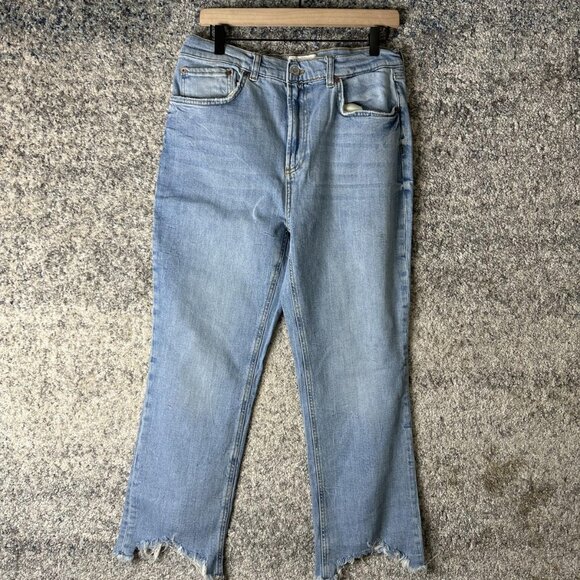 Zara Jeans Womens 10 Light Wash The Dreed Flare Raw Hem Distressed Denim Cropped - Picture 1 of 9